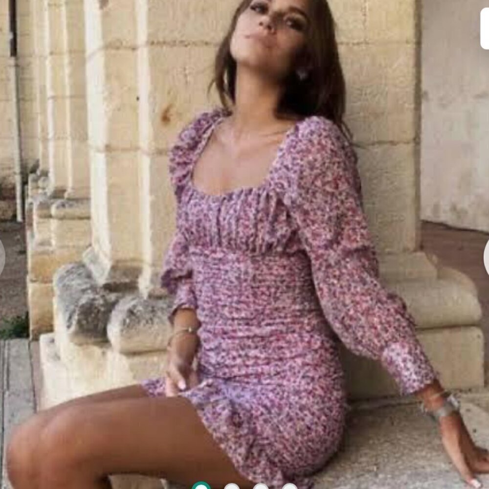 ZARA Purple Pink Floral Ruched Sheer Long Sleeve Mini Dress Size Small